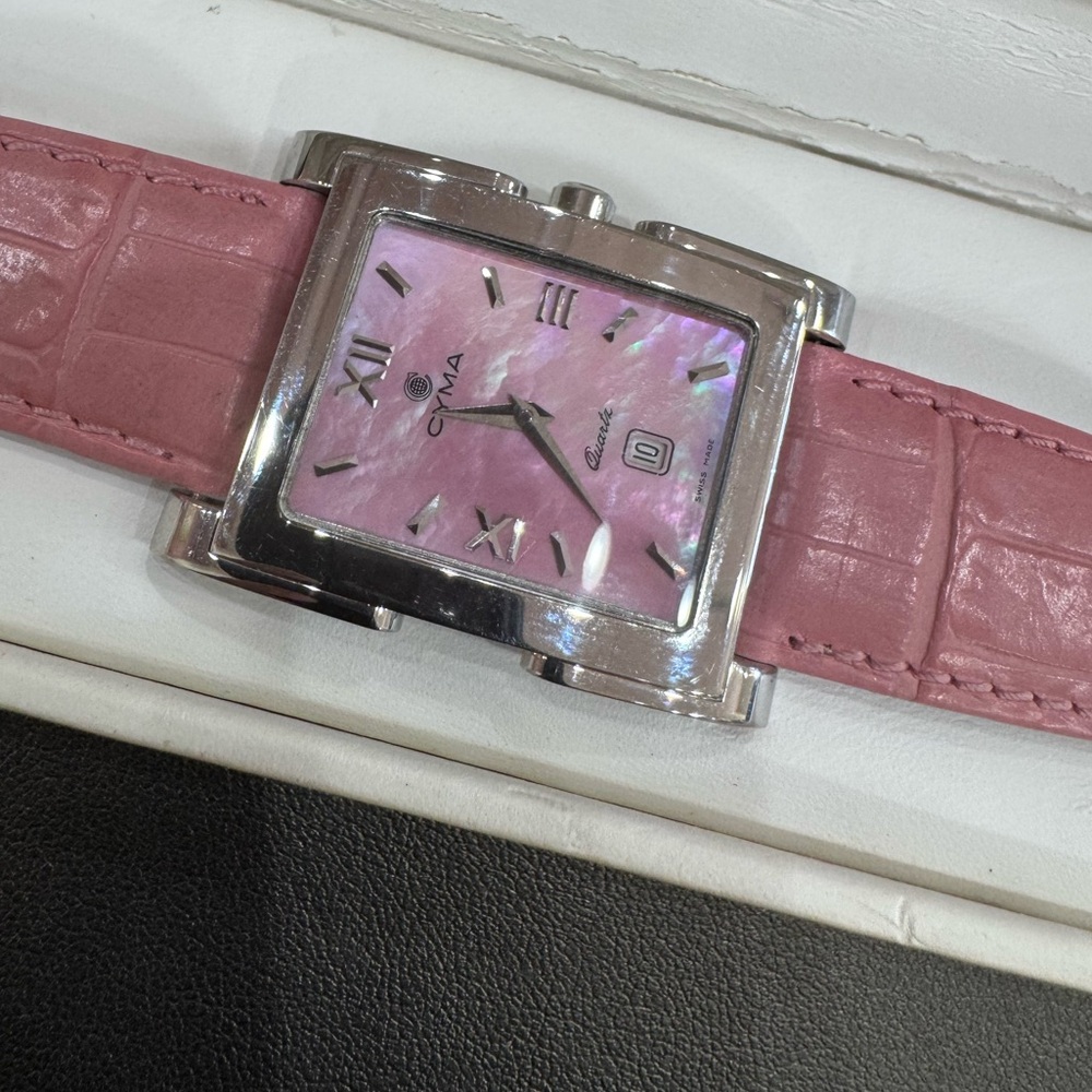 Cyma Swiss Pink Mother-of-Pearl Dial Leather Strap Women's Watch